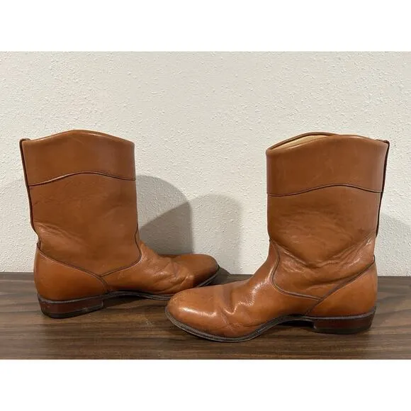 JS Justin Mens 8.5D Leather Cowboy Western Boots Cognac Brown 50012 Vintage