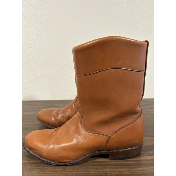 JS Justin Mens 8.5D Leather Cowboy Western Boots Cognac Brown 50012 Vintage