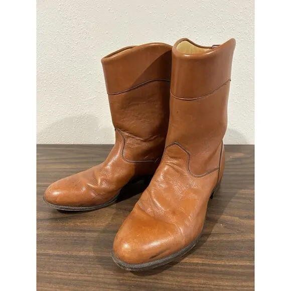 JS Justin Mens 8.5D Leather Cowboy Western Boots Cognac Brown 50012 Vintage
