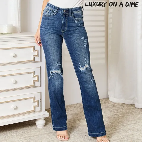 Judy Blue Mid-rise Distressed Ripped Slim Jeans Hand Sand Destroy Boot Cut Pants