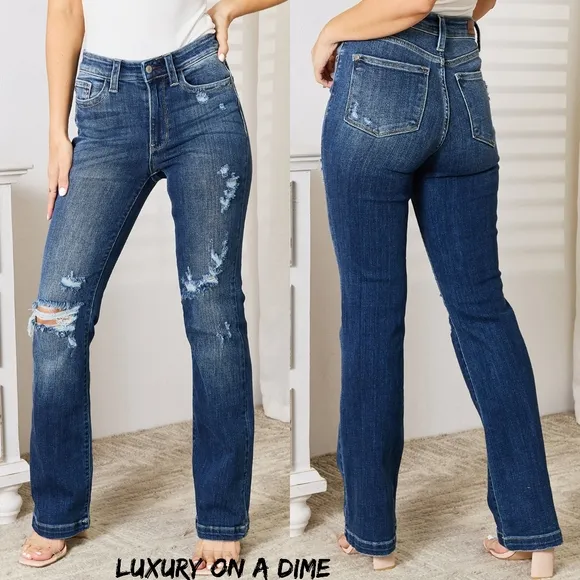Judy Blue Mid-rise Distressed Ripped Slim Jeans Hand Sand Destroy Boot Cut Pants
