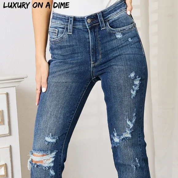 Judy Blue Mid-rise Distressed Ripped Slim Jeans Hand Sand Destroy Boot Cut Pants