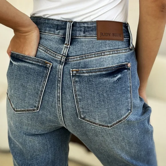 Judy Blue Mid-Rise Slim Fit Jeans Ridged Back Magic Released Raw Hem Denim Pants