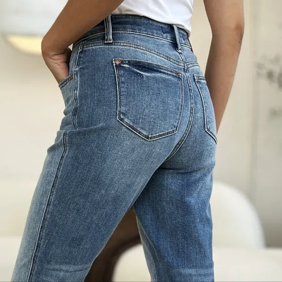 Judy Blue Mid-Rise Slim Fit Jeans Ridged Back Magic Released Raw Hem Denim Pants