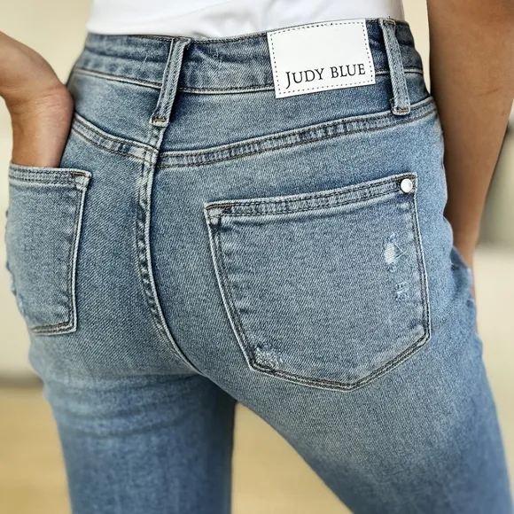 Judy Blue Mid-Rise Straight Leg Distressed Denim Torn Knee Raw Hem Jeans Pants