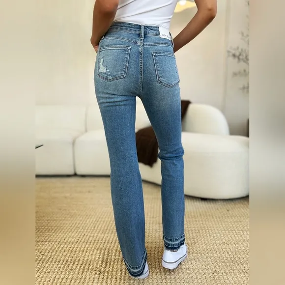 Judy Blue Mid-Rise Straight Leg Distressed Denim Torn Knee Raw Hem Jeans Pants
