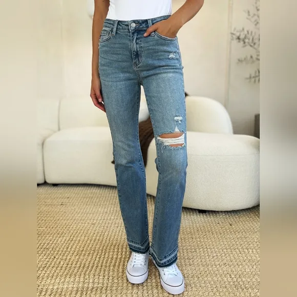 Judy Blue Mid-Rise Straight Leg Distressed Denim Torn Knee Raw Hem Jeans Pants