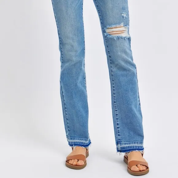 Judy Blue Mid-Rise Straight Leg Distressed Denim Torn Knee Raw Hem Jeans Pants