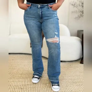 Judy Blue Mid-Rise Straight Leg Distressed Denim Torn Knee Raw Hem Jeans Pants