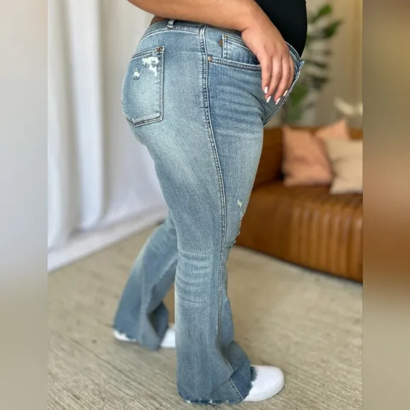 Judy Blue Mid-Rise Tummy Control Jeans Flare Hem Retro Distressed Denim Pants