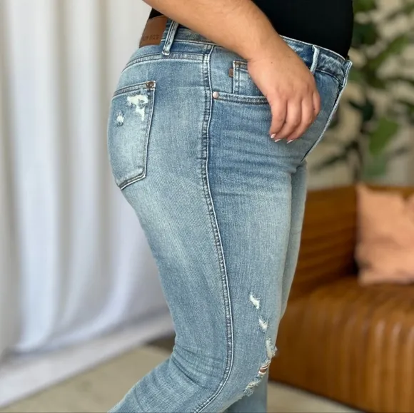 Judy Blue Mid-Rise Tummy Control Jeans Flare Hem Retro Distressed Denim Pants