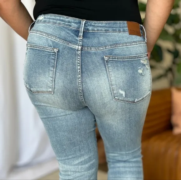 Judy Blue Mid-Rise Tummy Control Jeans Flare Hem Retro Distressed Denim Pants