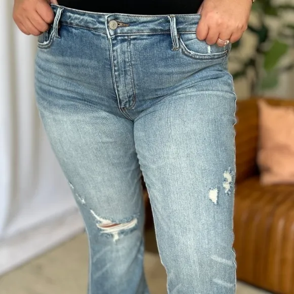 Judy Blue Mid-Rise Tummy Control Jeans Flare Hem Retro Distressed Denim Pants
