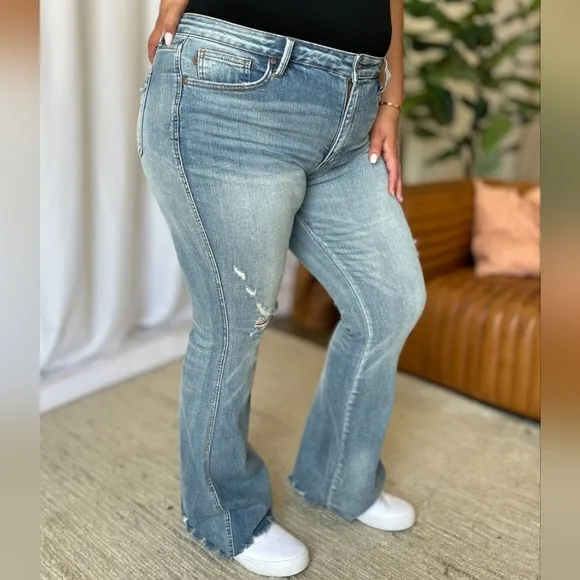 Judy Blue Mid-Rise Tummy Control Jeans Flare Hem Retro Distressed Denim Pants