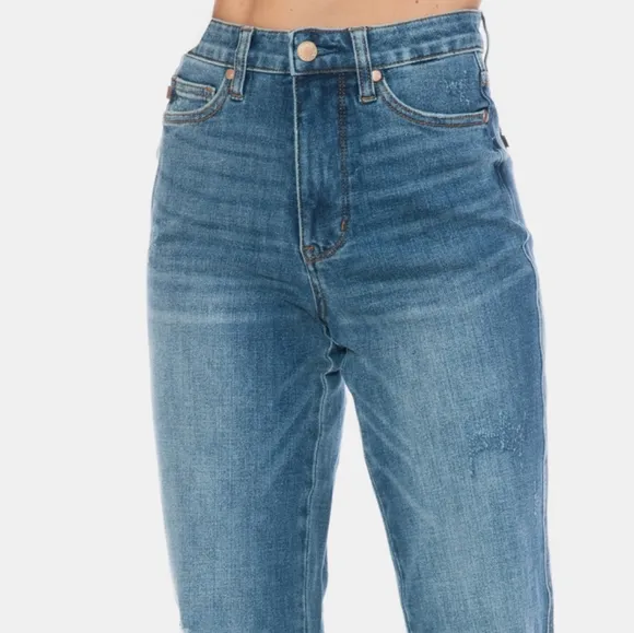 Judy Blue Tummy Control High-Rise Boyfriend Jeans Straight Leg Raw Denim Pants
