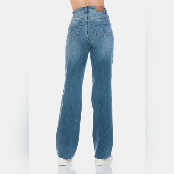 Judy Blue Tummy Control High-Rise Boyfriend Jeans Straight Leg Raw Denim Pants