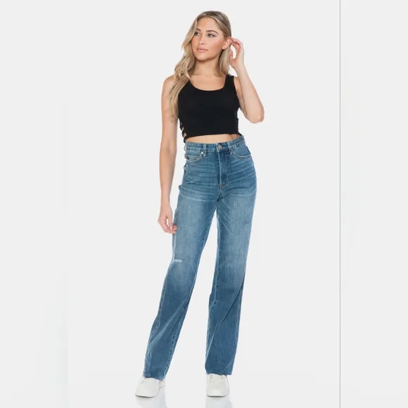 Judy Blue Tummy Control High-Rise Boyfriend Jeans Straight Leg Raw Denim Pants