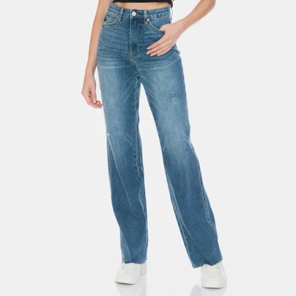 Judy Blue Tummy Control High-Rise Boyfriend Jeans Straight Leg Raw Denim Pants
