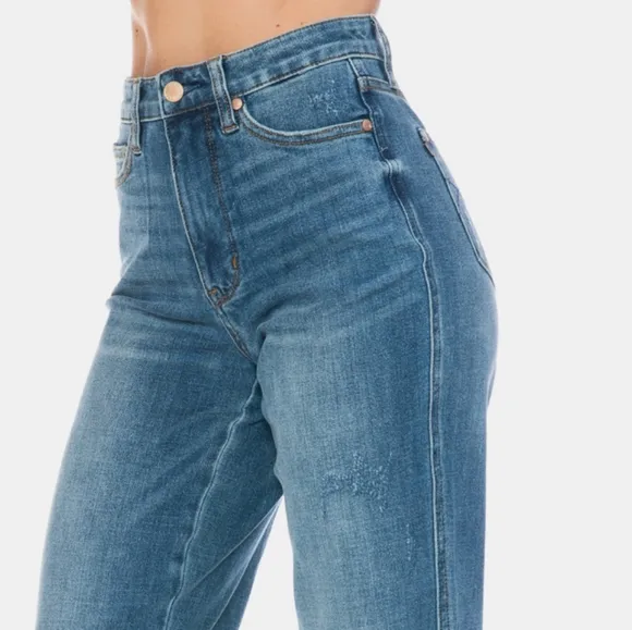 Judy Blue Tummy Control High-Rise Boyfriend Jeans Straight Leg Raw Denim Pants