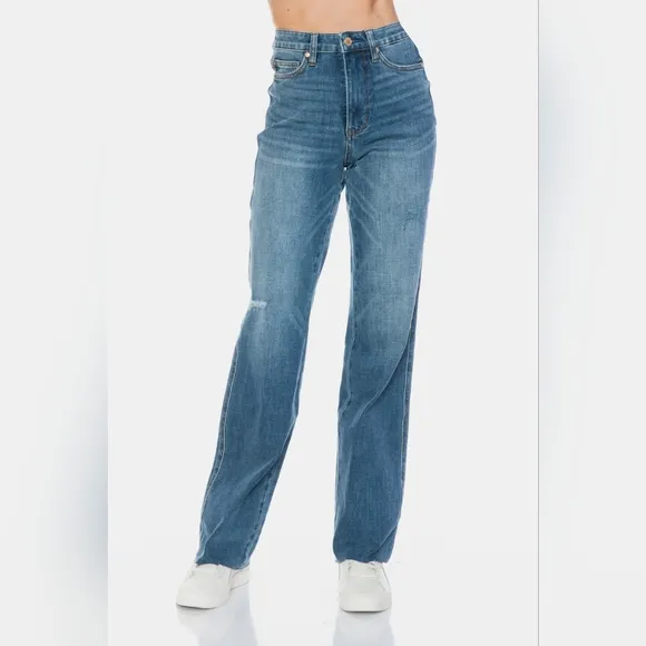 Judy Blue Tummy Control High-Rise Boyfriend Jeans Straight Leg Raw Denim Pants