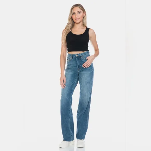 Judy Blue Tummy Control High-Rise Boyfriend Jeans Straight Leg Raw Denim Pants