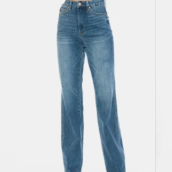 Judy Blue Tummy Control High-Rise Boyfriend Jeans Straight Leg Raw Denim Pants