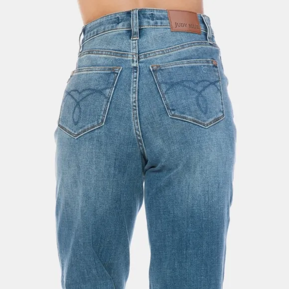 Judy Blue Tummy Control High-Rise Boyfriend Jeans Straight Leg Raw Denim Pants