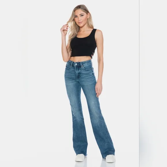 Judy Blue Tummy Control Mid-Rise Jeans Slim Fit Tapered Flare Cut Denim Pants