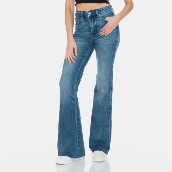Judy Blue Tummy Control Mid-Rise Jeans Slim Fit Tapered Flare Cut Denim Pants