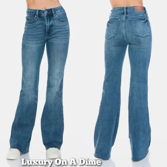 Judy Blue Tummy Control Mid-Rise Jeans Slim Fit Tapered Flare Cut Denim Pants