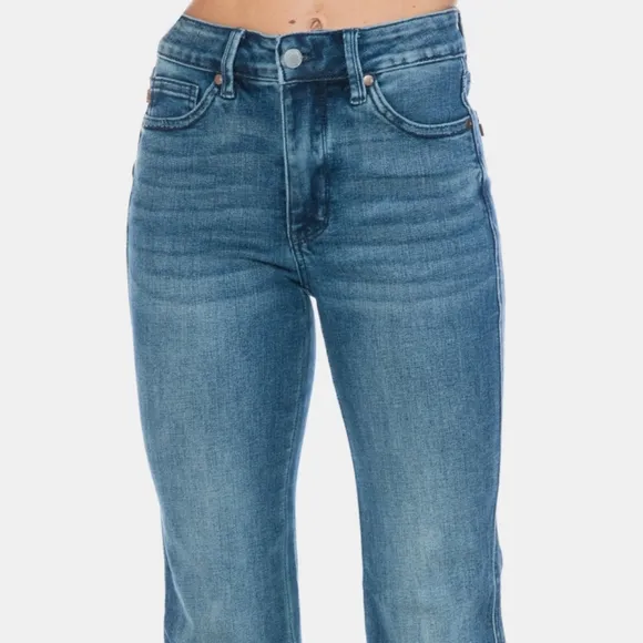 Judy Blue Tummy Control Mid-Rise Jeans Slim Fit Tapered Flare Cut Denim Pants
