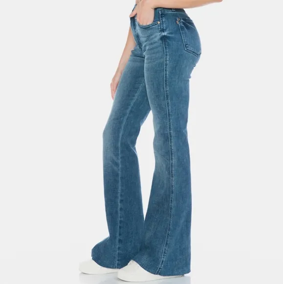 Judy Blue Tummy Control Mid-Rise Jeans Slim Fit Tapered Flare Cut Denim Pants