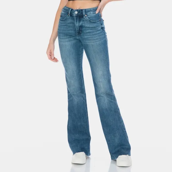 Judy Blue Tummy Control Mid-Rise Jeans Slim Fit Tapered Flare Cut Denim Pants
