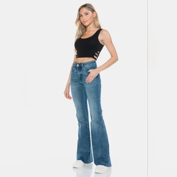 Judy Blue Tummy Control Mid-Rise Jeans Slim Fit Tapered Flare Cut Denim Pants