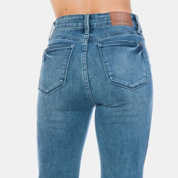 Judy Blue Tummy Control Mid-Rise Jeans Slim Fit Tapered Flare Cut Denim Pants