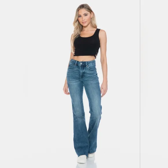 Judy Blue Tummy Control Mid-Rise Jeans Slim Fit Tapered Flare Cut Denim Pants