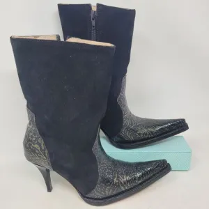 Jugo Western Cowgirl Boots Black Suede Gold Embossed Leather Womens sz 7 Floral
