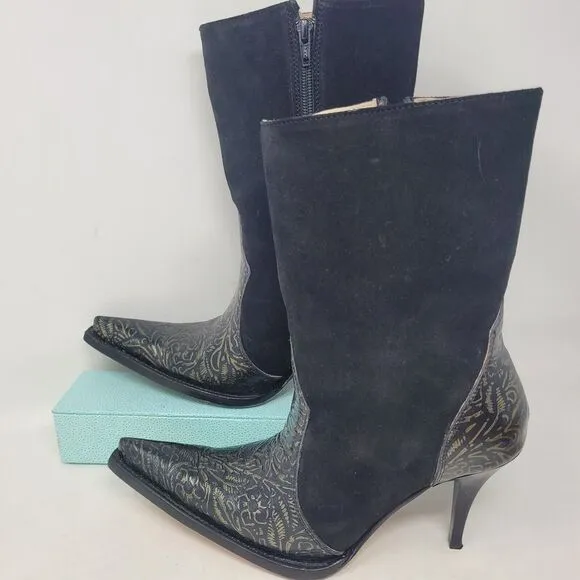 Jugo Western Cowgirl Boots Black Suede Gold Embossed Leather Womens sz 7 Floral
