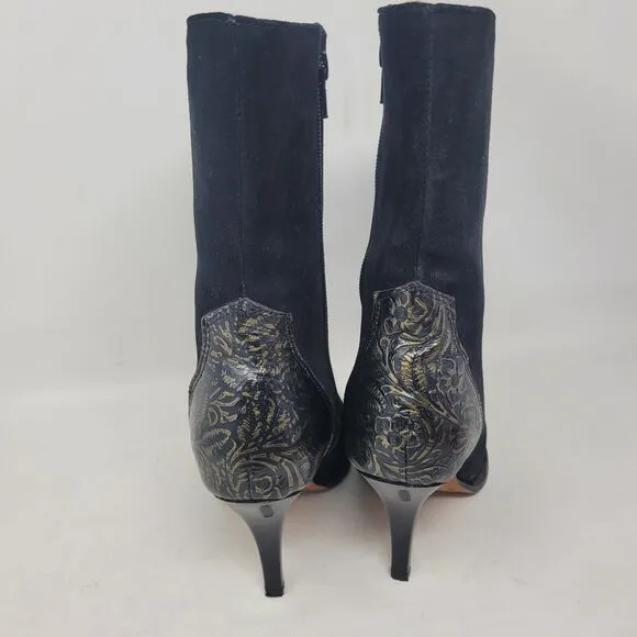 Jugo Western Cowgirl Boots Black Suede Gold Embossed Leather Womens sz 7 Floral