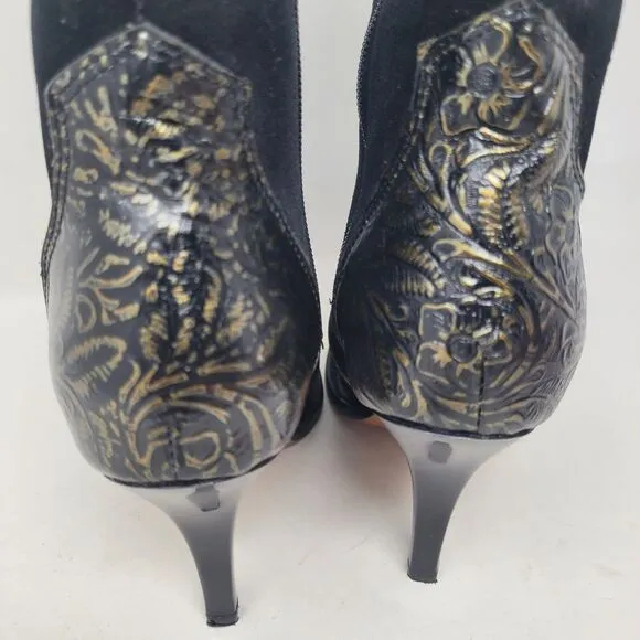 Jugo Western Cowgirl Boots Black Suede Gold Embossed Leather Womens sz 7 Floral