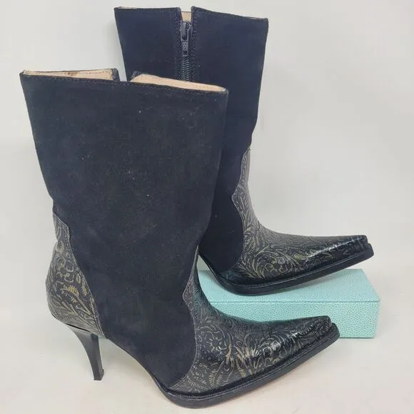 Jugo Western Cowgirl Boots Black Suede Gold Embossed Leather Womens sz 7 Floral
