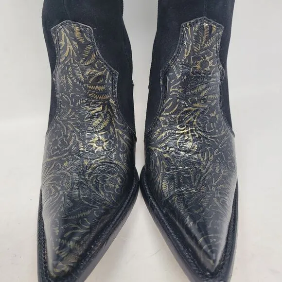 Jugo Western Cowgirl Boots Black Suede Gold Embossed Leather Womens sz 7 Floral