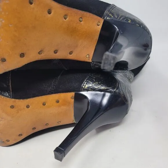 Jugo Western Cowgirl Boots Black Suede Gold Embossed Leather Womens sz 7 Floral