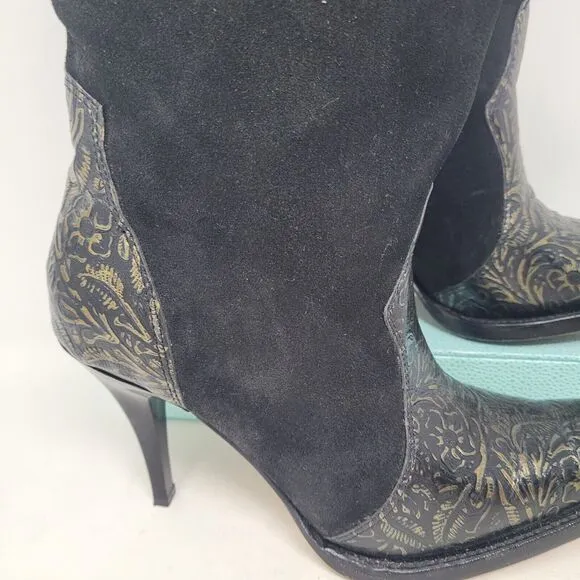 Jugo Western Cowgirl Boots Black Suede Gold Embossed Leather Womens sz 7 Floral