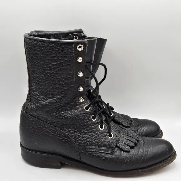 Justin 90s L522 Bullhide Western Lacer Boots  Size 6.5 D Pebbled Black Leather