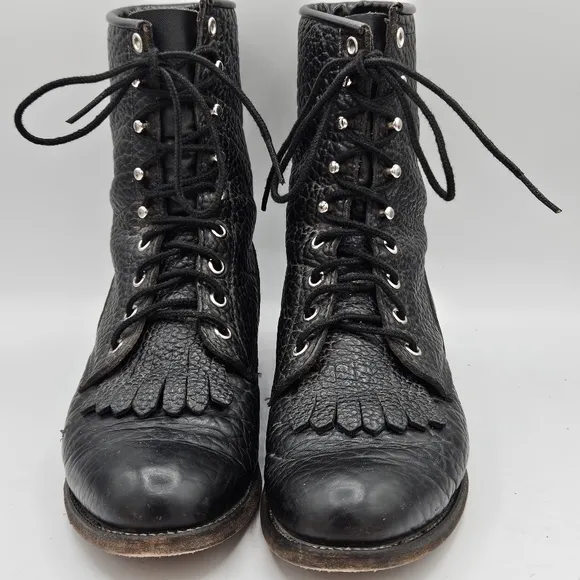 Justin 90s L522 Bullhide Western Lacer Boots  Size 6.5 D Pebbled Black Leather
