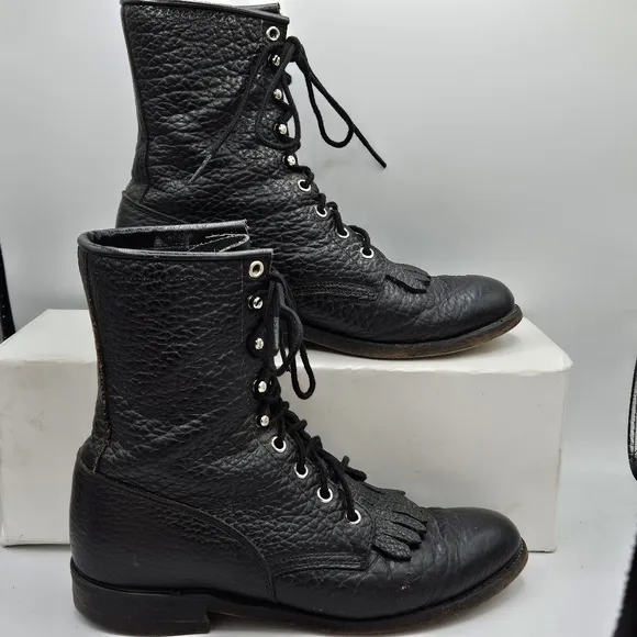 Justin 90s L522 Bullhide Western Lacer Boots  Size 6.5 D Pebbled Black Leather