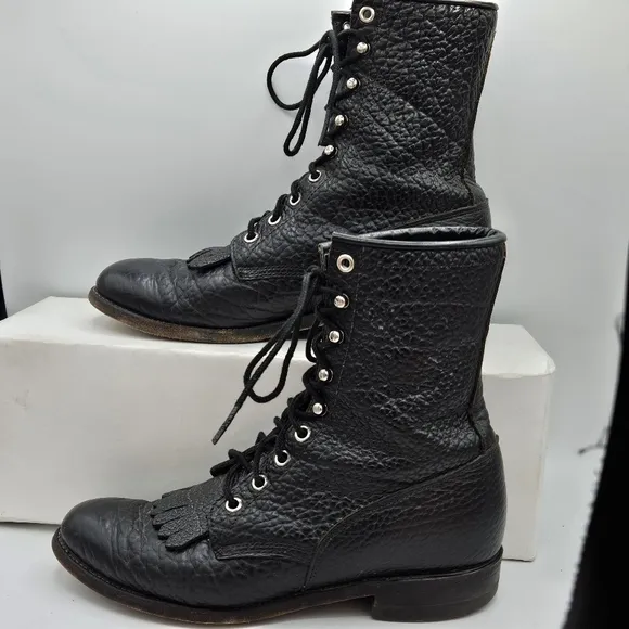 Justin 90s L522 Bullhide Western Lacer Boots  Size 6.5 D Pebbled Black Leather