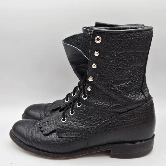 Justin 90s L522 Bullhide Western Lacer Boots  Size 6.5 D Pebbled Black Leather