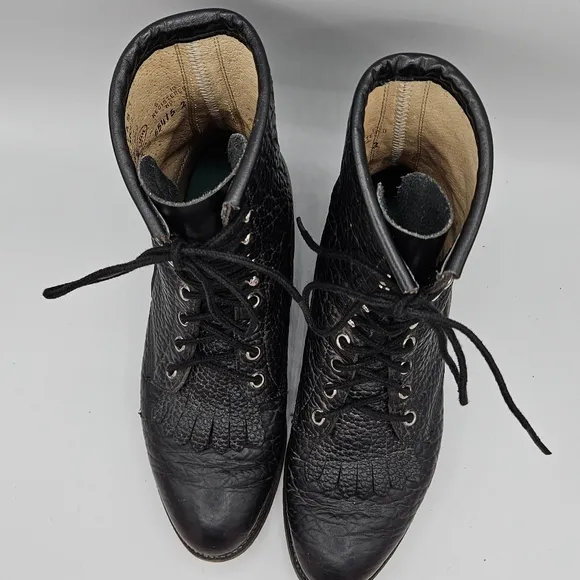 Justin 90s L522 Bullhide Western Lacer Boots  Size 6.5 D Pebbled Black Leather